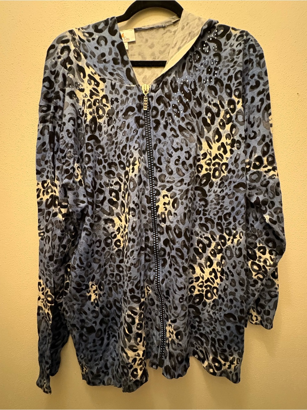 Quacker Factory Blue and Black Leopard Print Zip Hoodie